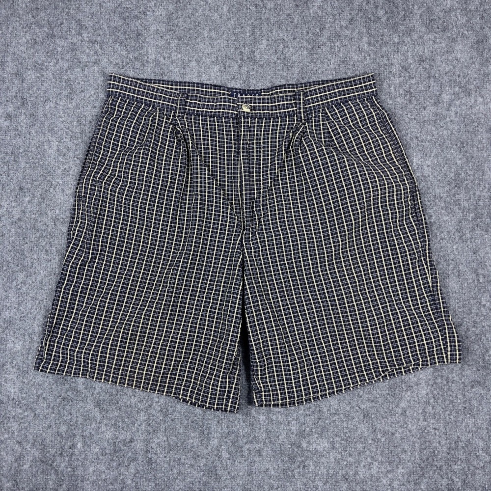 Trader Bay Plaid Pleated Shorts Mens 36 Navy Blue Cotton Casual Classic